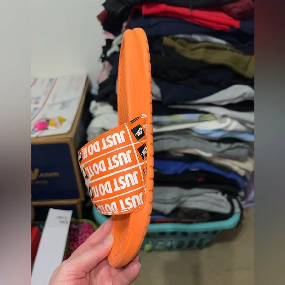 Nike Black and Green Slides with Orange Just Do It Slides - Picture 10 of 12